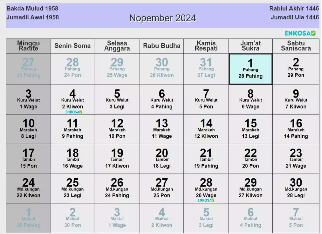 Kalender Jawa November 2024 Lengkap Hari Baik 6207