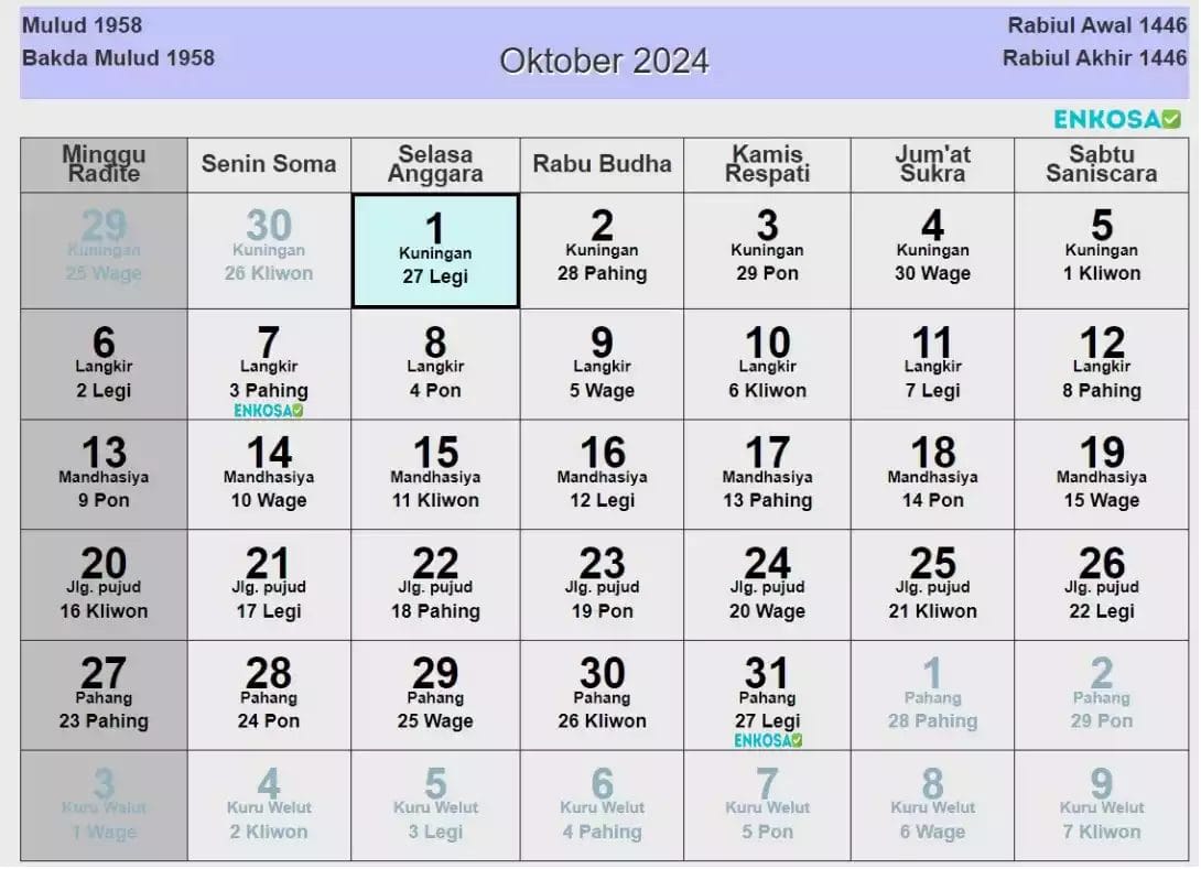 Kalender Jawa Oktober 2024 Lengkap Hari Baik 7407