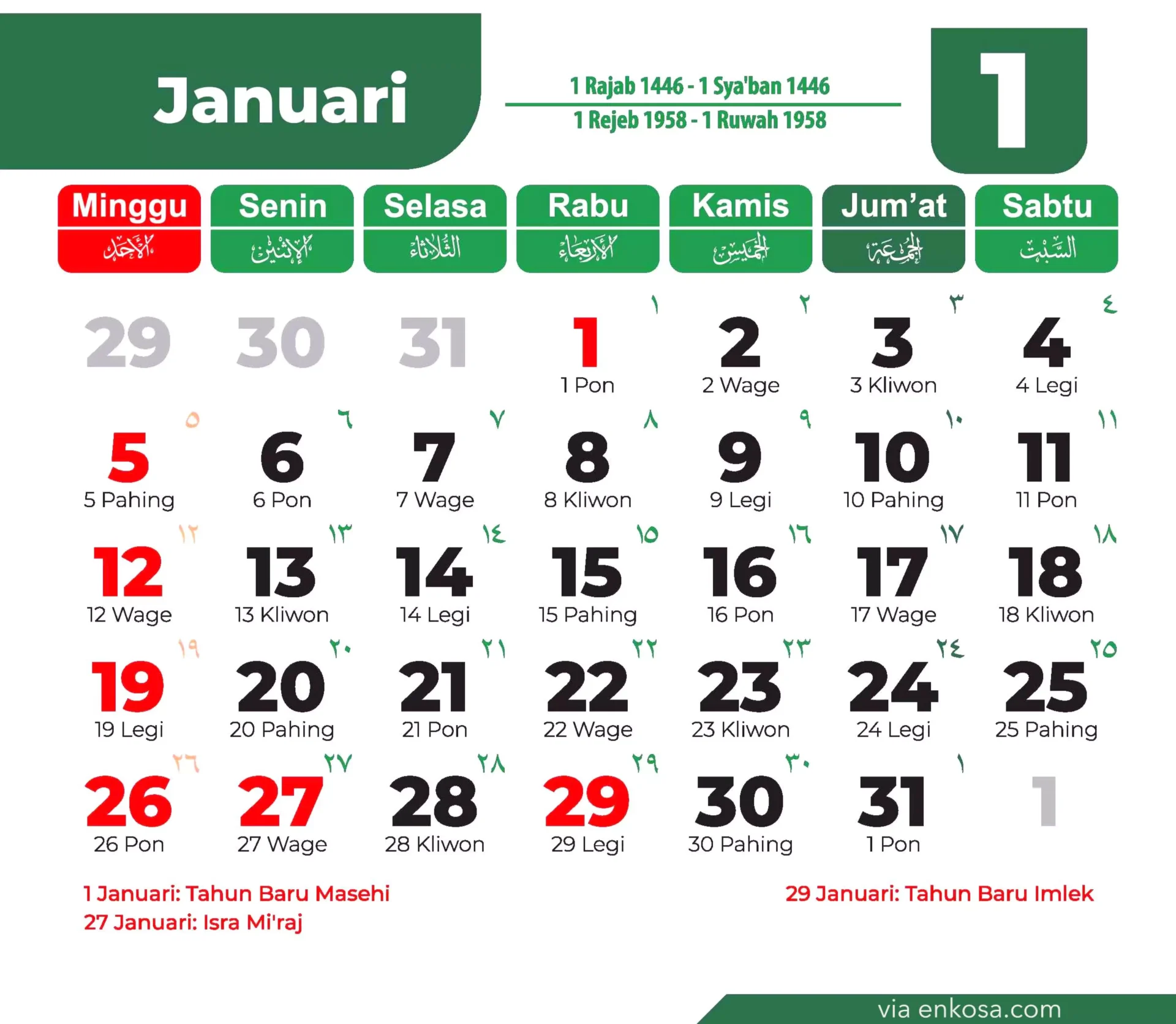 Kalender Januari 2025 Lengkap Hari Pasaran Jawa