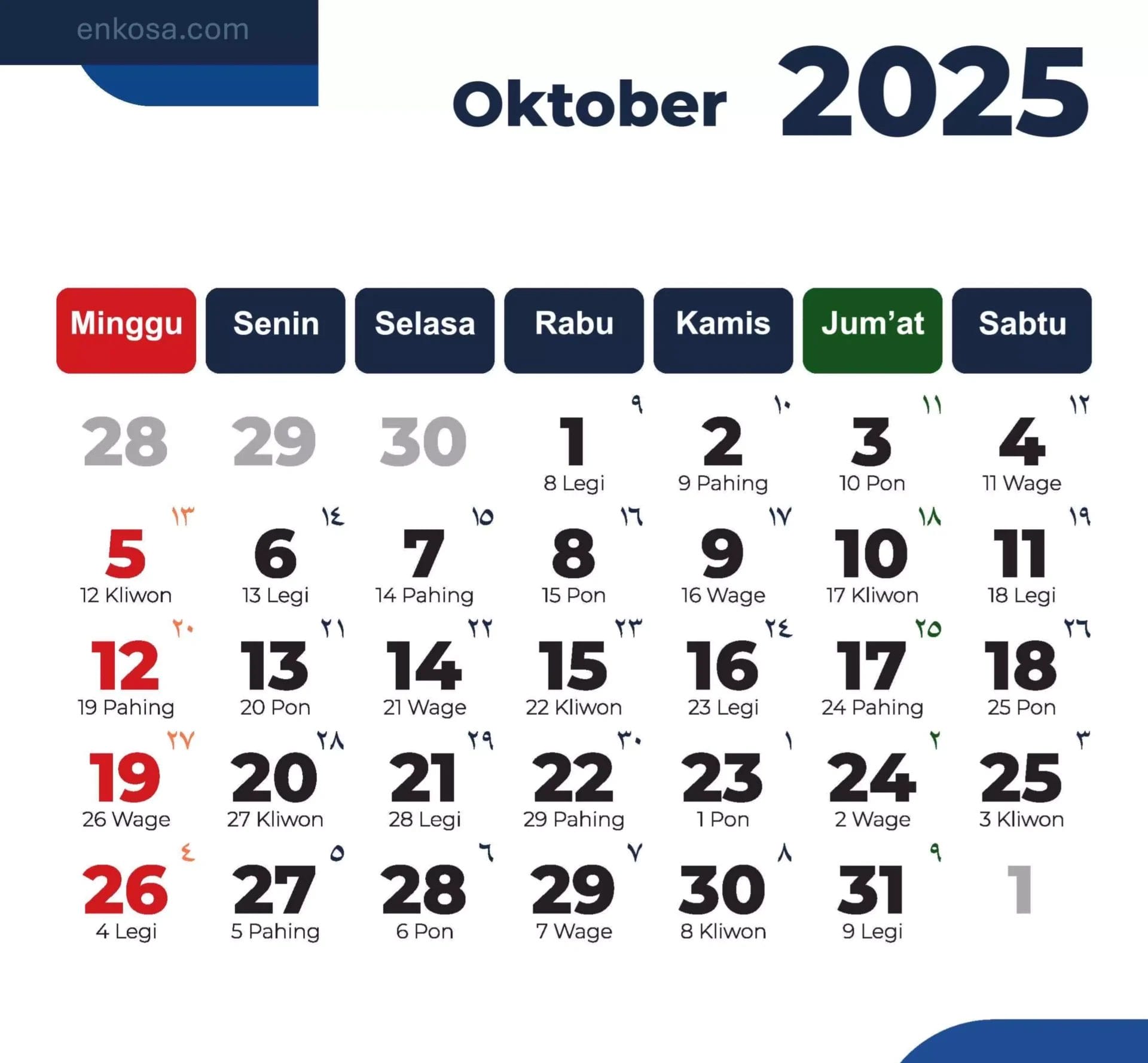 Kalender Oktober 2025 dan Hari Libur